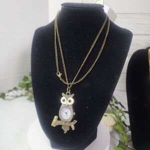 Vintage Bronze Owl Watch Pendant Necklace